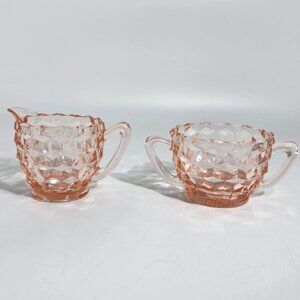 Pink Depression Glass Creamer Sugar Bowl Set Diamond Pattern Handles